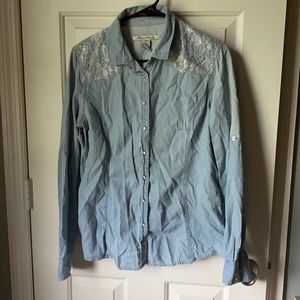 Light blue denim and lace shoulder button down